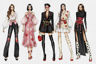 draw fashion illustration or sketch, wedding dress design