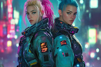 custom digital art cyborg, cyberpunk, and fantasy characters