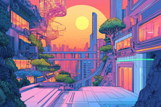 draw illustration of futuristic cyberpunk city