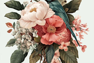 draw digital botanical illustrations of florals, plants, animals