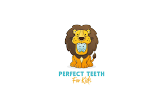 design playful lion cartoon character children dentist logo