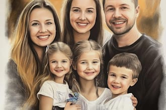 draw realistic family portrait, couple or group from photo