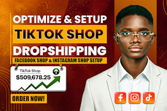 setup tiktok shop dropshipping, facebook shop, ig shop or shopify store design