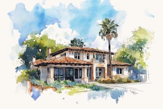 paint a watercolor house portrait or city space illustration