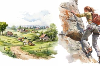 draw landscape pets human character portrait house water color digital painting
