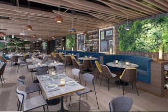 craft 3d interior design, render restaurant, bar, coffee shop, cafe, walkthrough