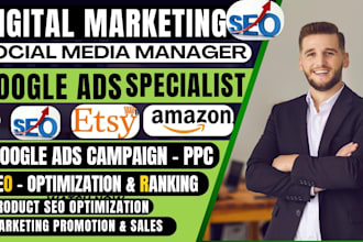 setup social media google ad marketing PPC campaign shopify amazon etsy shop SEO