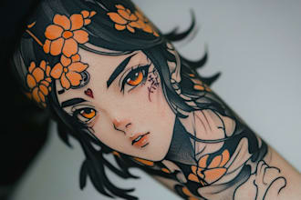 illustrate a beautiful anime tattoo sleeve