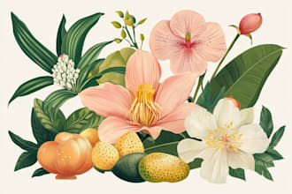 draw botanical illustrations of flowers, plants, fruits
