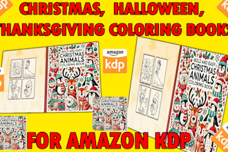 design unique christmas, halloween, thanksgiving coloring books for amazon KDP