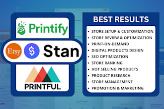 set up etsy shop, stan store, etsy print on demand, digital products design, SEO