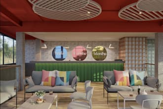 style fancy 3d bar interior,3d kiosk,catering booth,fast food restauant,render