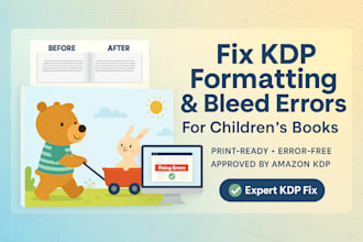 fix KDP formatting issues, bleed errors, and layout for childrens books