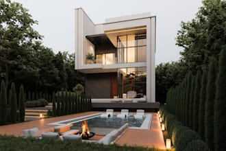 renew 3d villa house, garden, backyard, outdoor exterior render,pool design, cad