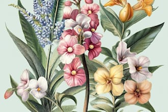 draw botanical illustration of flowers, plants, fruits