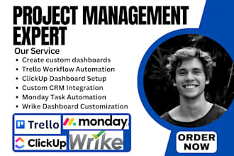setup workflow automation, custom dashboard on trello clickup wrike monday crm