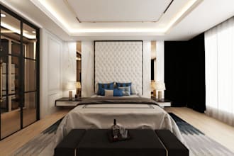 do luxury master bedroom rendering, closet,livingroom,kitchen,bathroom,3d airbnb