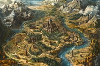 do line art fantasy map illustration