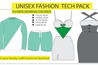 tech pack, fashion sketches and technical sketch for you