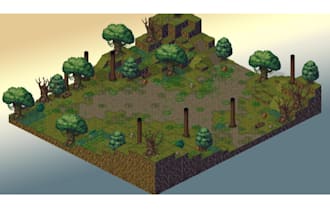do isometric pixel art based in a topic for game, rpg maker, tilesets, landscape
