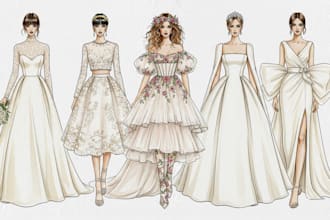 draw wedding dress fashion illustrations, gown dress designs