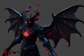 ferocious anime warrior character,3d polycount,uv unwrap,demon character,animate