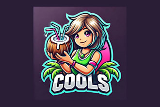design girl holding coconut cocktail mascot logo in two days