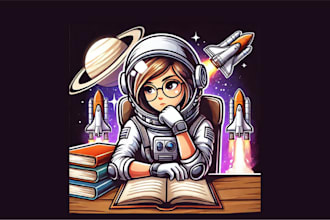 do girl reading and thinking of space mascot logo in two day