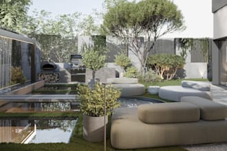design and landscape outdoor patio, pool, yard, terrace, deck with 3d renderings