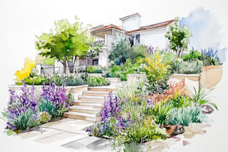 sketch architectural garden views or landscape scenery with watercolor