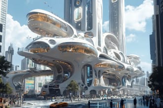 do an cyberpunk, science fiction city, scifi art for you