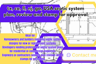 tx, ca, fl, nj, ga, USA septic system plan, review and stamp for approval