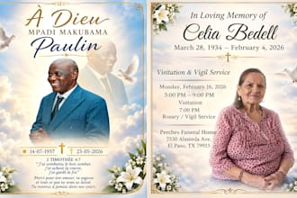 design professional funeral, memorial, and obituary flyers