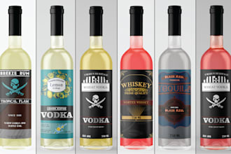 design label for vodka, gin, water bottle, souce, tequila, whiskey and 3d mockup