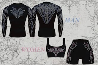 create dark cyber sigil and tribal designs for gymwear and streetwear