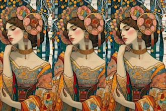 draw an art nouveau illustration portrait, art deco vintage logo, tarot cards