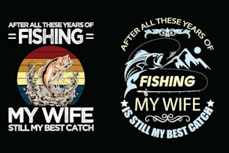 create hand drawn fishing logo and t shirt design