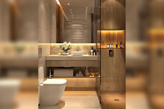 do bathroom interior design in 3d and render, shopping list