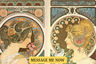 draw art nouveau illustration , retro  vintage art , art deco , nouveau portrait