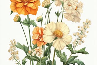 draw botanical line art of plants, animal, flower, fruits