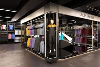 render realistic interior design, modern boutique, clothing stores, unique shops