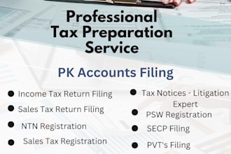 provide expert pakistan income tax, sales tax, secp filing, company reg and more