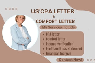 write a US CPA comfort letter, profit and loss statement, income verification