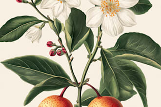 draw botanical illustration of flowers, plants, and fruits