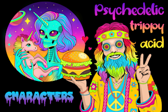 psychedelic acid neon trippy cartoon character for your brand