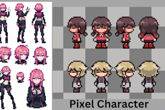 do pixel art character design, 2d game art, pixel sprite sheet rpg maker unity