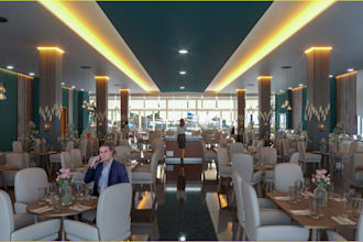 luxury 3d cgi sport club, interior design, furniture table,chair,café, photoshop