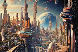 draw a sci fi and science fiction futuristic city art