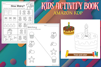 design kids activity book, worksheets for children, workbook for amazon KDP