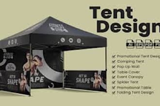 canopy tent design, flag roll up banner, table cover, back and sides walls